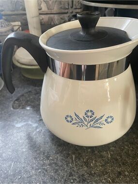 Corningware White Percolator with Blue Floral Design and Black Handle